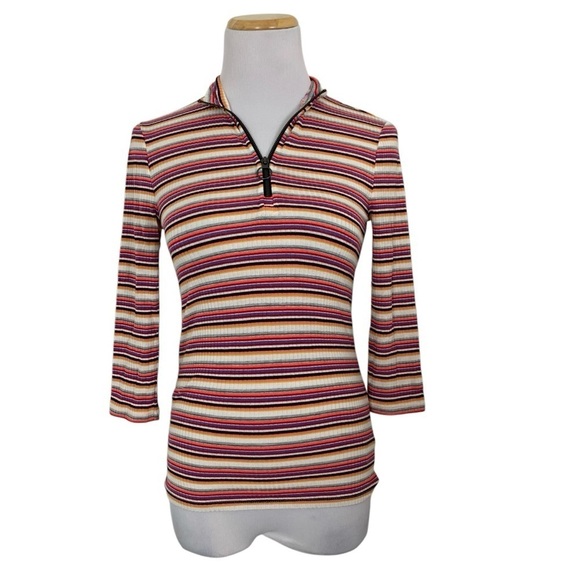 Express One Eleven Striped Ribbed Zip Neck Top 3/4 Sleeves Retro Size XS - Picture 3 of 16